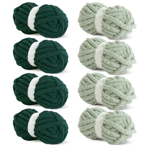 HOMBYS 8 Stück sortierte grobe Garne zum Häkeln, super sperriges, großes, weiches, flauschiges Plüschgarn, dickes Chenille-Garn zum Handstricken/Armstricken, 4 Grün und 4 Dunkelgrün (30 m, 227 g pro von HOMBYS