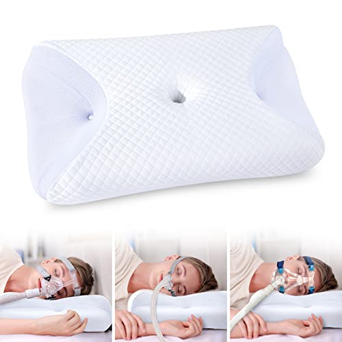 HOMCA CPAP Kissen Ergonomisches Memory Foam CPAP Kissen für Alle CPAP-Masken, Nackenstützkissen für Seitenschläfer mit CPAP-Maskenrillen und Stützbereich, Weiß, 65x40x9/11cm von HOMCA