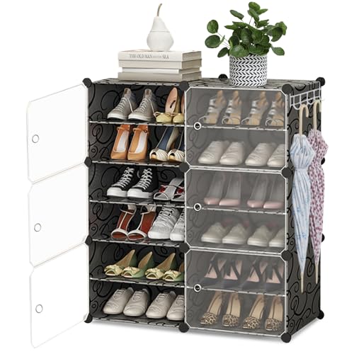 HOMCENT Schuhregal mit Türen, Erweiterbarer Stand Schuhschrank für Schuhe, Stiefel, Hausschuhe, Kunststoff Schuhregale für Flur Schlafzimmer Eingang(2x6 Etagen) (Schwarz) von HOMCENT