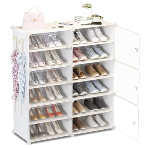 HOMCENT Schuhregal mit Türen und Schlüsselhalter, Schuhschrank für 12-24 Paar Schuhe, Kunststoff Schuhregale für Flur Schlafzimmer Eingang(2x6 Etagen) (Weiß) von HOMCENT