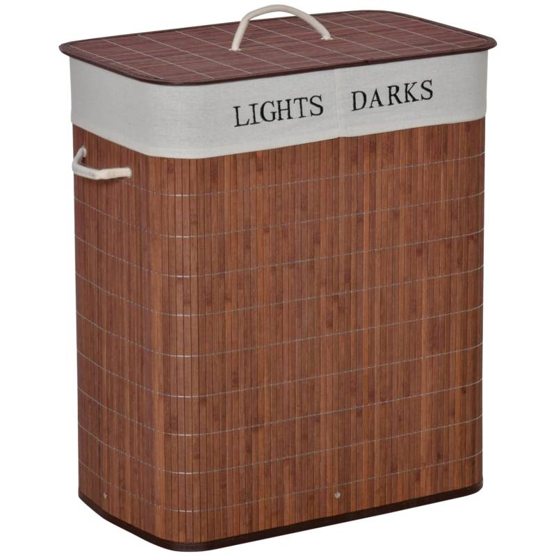 HOMCOM 100L Wäschekorb mit 3 Griffe Bambus Metall Braun Weiß 52 x 32 x 63 cm von HOMCOM
