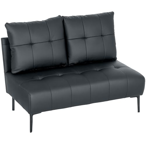 HOMCOM 2-Sitzer Kompaktsofa aus Kunstleder, Modernes Steppsofa mit Dicker Polsterung und Holzbeinen, Armloses Sofa für Wohnzimmer und Arbeitszimmer, 115x73x83 cm, Schwarz von HOMCOM
