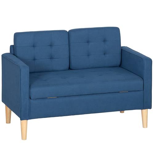 HOMCOM 2 Sitzer Sofa, Couch mit Stauraum, Holzbeine, Gepolsterter Polstersofa mit Samtoptik für Wohnzimmer, Schlafzimmer, 117x 62 x 78 cm, Blau von HOMCOM