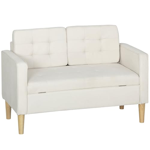 HOMCOM 2 Sitzer Sofa, Couch mit Stauraum, Holzbeine, Gepolsterter Polstersofa mit Samtoptik für Wohnzimmer, Schlafzimmer, 117x 62 x 78 cm, Cremeweiß von HOMCOM