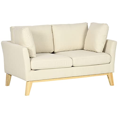 HOMCOM 2-Sitzer Sofa Doppelsofa in Leinenoptik, Zweisitzer mit Kissen, Loveseat mit Holzbeinen für Wohnzimmer, Schlafzimmer, bis 150 kg, Beige, 137 x 78 x 78 cm von HOMCOM