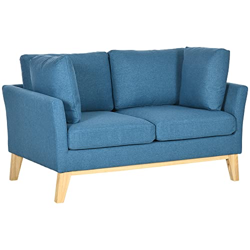 HOMCOM 2-Sitzer Sofa Doppelsofa in Leinenoptik, Zweisitzer mit Kissen, Loveseat mit Holzbeinen für Wohnzimmer, Schlafzimmer, bis 150 kg, Blau, 137 x 78 x 78 cm von HOMCOM