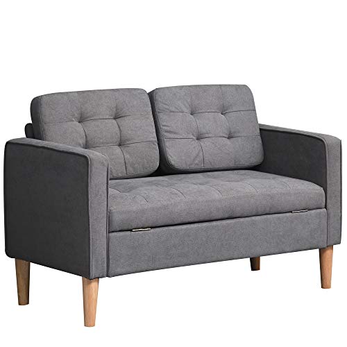 HOMCOM 2 Sitzer Sofa, Couch mit Stauraum, Holzbeine, Gepolsterter Polstersofa mit Samtoptik für Wohnzimmer, Schlafzimmer, 117x 62 x 78 cm, Grau von HOMCOM