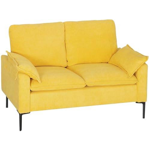 HOMCOM 2-Sitzer gepolstertes Schwammstoffsofa mit abnehmbaren Kissen, Modernes platzsparendes Sofa mit Armlehnen und Metallbeinen für Wohnzimmer, Wohn- und Schlafzimmer, 130x77x84 cm, Gelb von HOMCOM