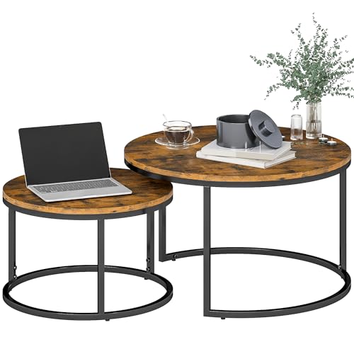 HOMCOM 2 Stück Couchtische, Satztisch, rund, stapelbar, Industriedesign, Metallbeine, rustikales Braun von HOMCOM