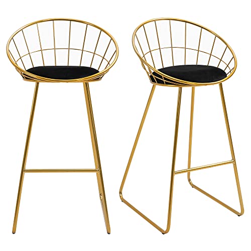 HOMCOM 2er-Set Barhocker Küchenhocker mit Rückenlehne Barstuhl Bistrohocker Tresenhocker für Küche Esszimmer Metall Samt-Touch-Polyester-Gewebe Gold+Schwarz 52,5 x 47 x 97 cm von HOMCOM