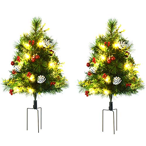 HOMCOM 2-er Set Weihnachtsbäume Mini Künstlicher Christbaum mit Tannenzapfen und rote Beere, Kugeln und Warmweiß LED-Lichtern IP44 Grün PVC Metall Ø33 x 75 cm von HOMCOM