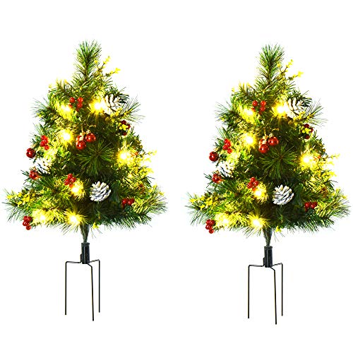 HOMCOM 2-er Set Weihnachtsbäume Mini Künstlicher Christbaum mit Tannenzapfen und rote Beere, Kugeln und Warmweiß LED-Lichtern IP44 Grün Kunststoff Metall Ø33 x 75 cm von HOMCOM
