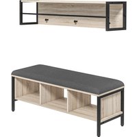HOMCOM 2-in-1 Eingangsmöbelset Schuhablagebank mit 3 Fächern und Wandgarderobe mit 3 Haken und Stange - Gepolsterte Sitzbank - Natur und Schwarz   Aosom von HOMCOM