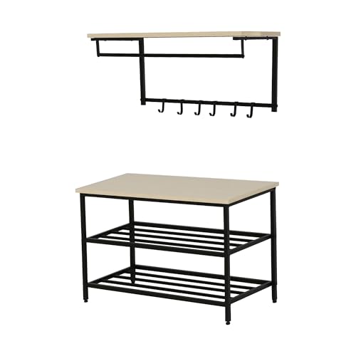 HOMCOM 2-in-1 Garderobenset Flurgaderobe mit Sitzbank Wandgarderobe für Eingangsbereich, 6 Haken, Natur+Schwarz, 75 x 30 x 45 cm(Sitzbank) von HOMCOM