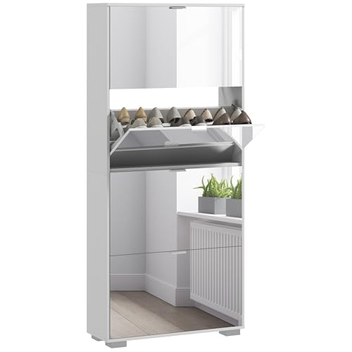 HOMCOM 2-in-1-Schuhschrank, schmal, Spiegelfronten, 4 Klapptüren, verstellbare Regale, platzsparend, 76 x 26 x 168 cm, Weiß HOMCOM 2-in-1-Schuhschrank, schmal, Spiegelfronten, 4 Klapptüren, verstellbare Regale, platzsparend, 76 x 26 x 168 cm, Weiß von HOMCOM