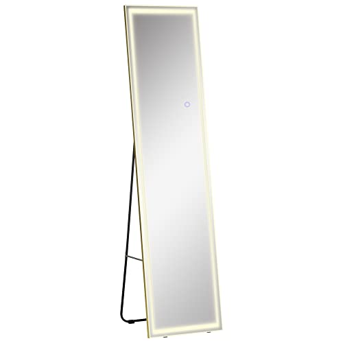 HOMCOM 2 in 1 Standspiegel, Wandspiegel, Ganzkörperspiegel mit LED-Beleuchtung, Garderobenspiegel aus Aluminium, Ankleidespiegel für Schlafzimmer, Wohnzimmer, Silber+Gold, 40 x 37 x 156,5 cm von HOMCOM