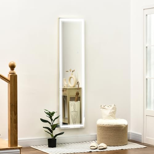 HOMCOM 2 in 1 Standspiegel, Wandspiegel, Ganzkörperspiegel mit LED-Beleuchtung, Garderobenspiegel aus Aluminium, Ankleidespiegel für Schlafzimmer, Wohnzimmer, Silber+Gold, 40 x 37 x 156,5 cm von HOMCOM