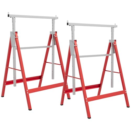 HOMCOM 2 x Gerüstbock Unterstellbock Klappbock höhenverstellbar bis 200kg Stahl Rot 68 x 58 x 80-130 cm von HOMCOM