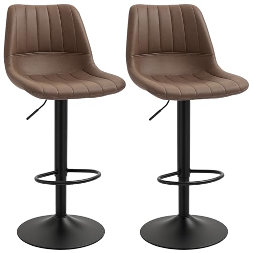 HOMCOM Barhocker 2er Set, 360° Drehbar Gepolstert Barstuhl mit Fußstütze, Lehne, Höhenverstellbar Kunstleder Tresenhocker für Küche, Wohnzimmer, Esszimmer Braun von HOMCOM