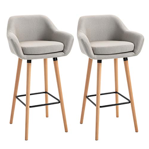 HOMCOM Barhocker 2er Set, Barstuhl mit Sitzkissen, Holzbeine, Rückenlehne und Armlehnen, Küchenstühle mit Fußstütze aus Holz, Tresenhocker für Küche, Wohnzimmer, Esszimmer, Leinenoptik, Beige von HOMCOM