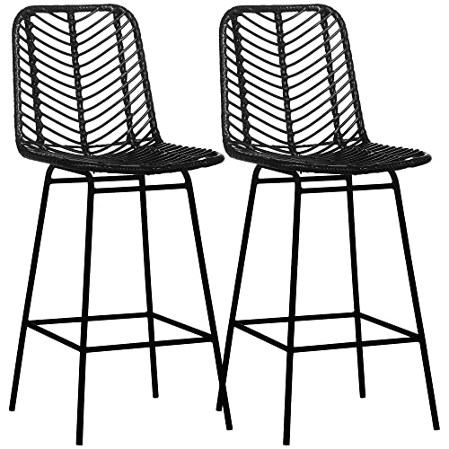 HOMCOM Barhocker 2er Set, Barstuhl mit Gestell aus Kunstrattan, Rückenlehne, Küchenstühle mit integrierter Fußstütze, Tresenhocker für Küche, Wohnzimmer, Esszimmer, Boho-Stil, Schwarz HOMCOM Barhocker 2er Set, Barstuhl mit Gestell aus Kunstrattan, Rückenlehne, Küchenstühle mit integrierter Fußstütze, Tresenhocker für Küche, Wohnzimmer, Esszimmer, Boho-Stil, Schwarz von HOMCOM