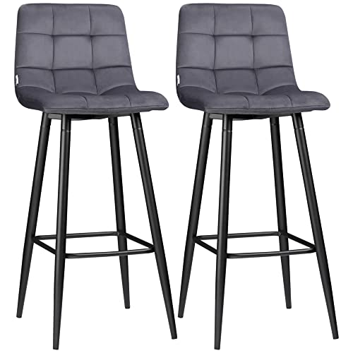HOMCOM 2er-Set Barhocker, Bistrohocker mit Fußstütze, Barstuhl, Samt-Bezug, Küchenstuhl, Tresenhocker-Set mit Stahlbeinen für Wohnzimmer, Esszimmer, Grau, 42 x 47 x 105 cm von HOMCOM