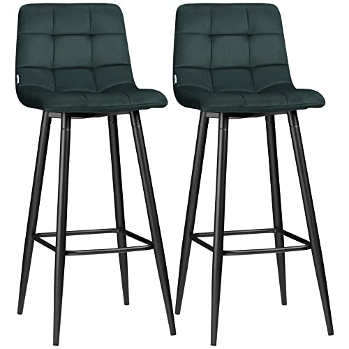 HOMCOM 2er-Set Barhocker, Bistrohocker mit Fußstütze, Barstuhl, Samt-Bezug, Küchenstuhl, Tresenhocker-Set mit Stahlbeinen für Wohnzimmer, Esszimmer, Grün, 42 x 47 x 105 cm von HOMCOM