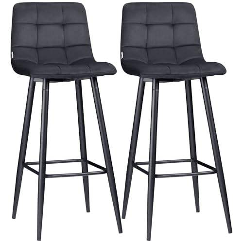 HOMCOM 2er-Set Barhocker, Bistrohocker mit Fußstütze, Barstuhl, Samt-Bezug, Küchenstuhl, Tresenhocker-Set mit Stahlbeinen für Wohnzimmer, Esszimmer, Schwarz, 42 x 47 x 105 cm von HOMCOM