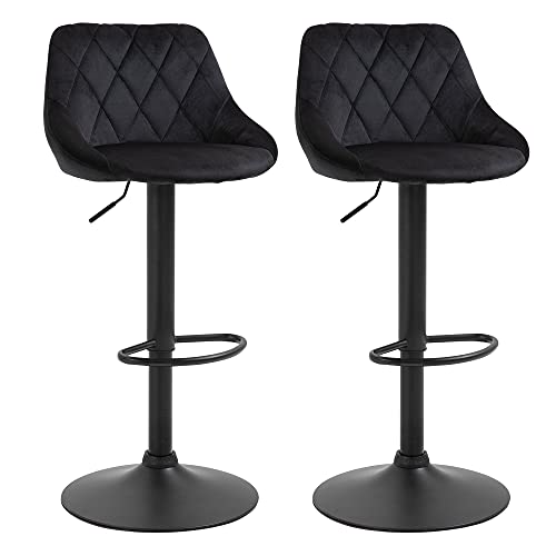 HOMCOM Barhocker 2er-Set Barstuhl mit Lehne, Samt-Optik, Stahlgestell, Höhenverstellbare Küchenstühle mit Fußstütze Drehbar Tresenhocker, Schwarz von HOMCOM