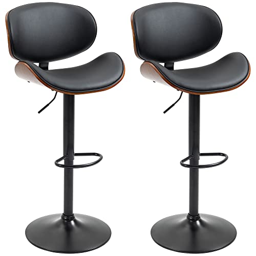 HOMCOM 2er-Set Barhocker, Höhenverstellbarer Küchenhocker, Tresenstuhl aus Kunstleder, Drehstuhl mit Fußstützen, Barstuhl für Küche, Esszimmer, Schwarz, Stahl, 53 x 52 x 92-112 cm von HOMCOM
