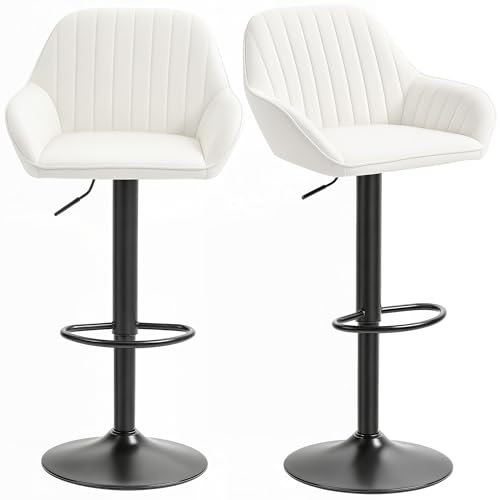 HOMCOM 2er Set Barhocker, Hohe Küchenhocker mit Verstellbarer Höhe 87-107 cm, Hohe Küchenstühle, Samt gepolstert, Rückenlehne und Fußstütze, Creme von HOMCOM