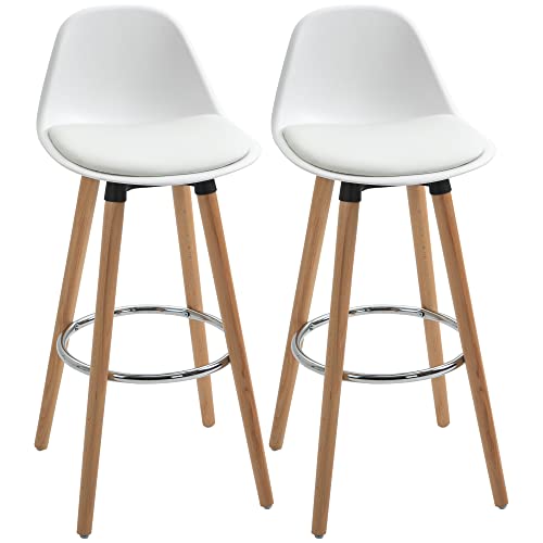 HOMCOM Barhocker 2er Set, Gepolstert Barstuhl mit Holzbeine und Rückenlehne, Küchenstühle mit Fußstütze aus Stahl, Tresenhocker für Küche, Wohnzimmer, Esszimmer, Kunstleder, Weiß von HOMCOM