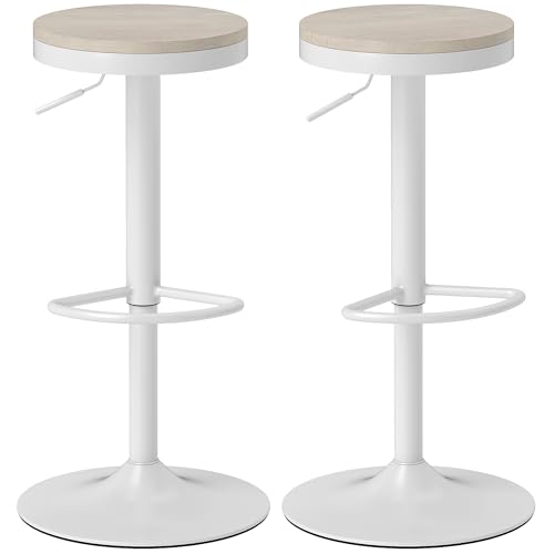 HOMCOM 2er-Set Barhocker, drehbare Barstühle, moderner Küchenhochstuhl mit Sitz aus Gummibaumholz, höhenverstellbar und Fußstütze, Stahlrahmen, weiß von HOMCOM