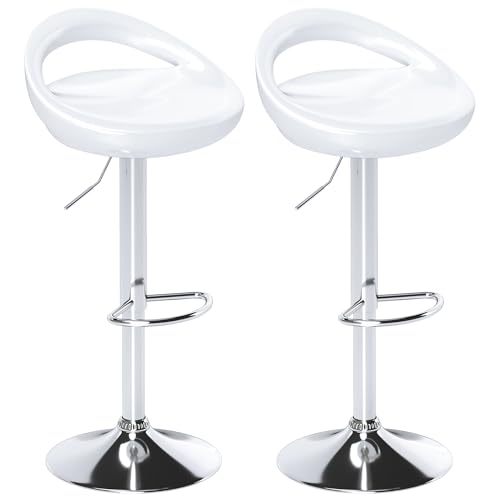 HOMCOM 2er-Set Barhocker, höhenverstellbare Barstühle, Küchenhochstuhl mit Rückenlehne und Fußstütze, um 360° drehbar, für Esszimmer, Theke, weiß von HOMCOM