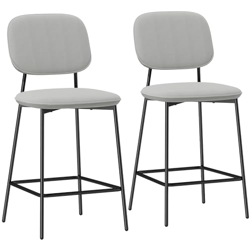HOMCOM 2er-Set Barhocker, hohe Küchenhocker, mit Rückenlehne und Fußstütze, Samtbezug, Stahlrahmen, moderner Hochhocker, für Esszimmer, Theke, Hellgrau von HOMCOM