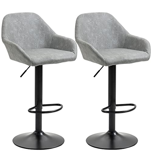HOMCOM 2er-Set Barhocker, moderne Barstühle mit Rückenlehne und Fußstütze, Küchenhochstuhl höhenverstellbar und um 360° drehbar, Stahlrahmen, für Küche, Theke, grau von HOMCOM