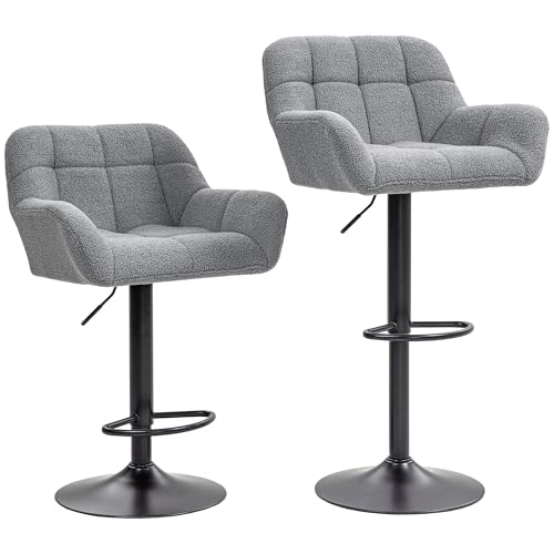HOMCOM 2er-Set Barhocker Barstuhl Höhenverstellbar Küchenstühle 360° Drehstuhl Bistrohocker mit Fleece-Optik, Lehne und Fußstütze für Bartheke Küche Esszimmer Grau 57,5 x 52,5 x 93-114 cm von HOMCOM