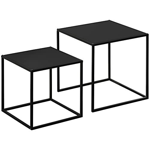 HOMCOM 2er-Set Couchtisch, Eckiger Beistelltisch, Kaffeetisch aus Stahlgestell, Sofatisch für Wohnzimmer, im modernem Design, bis 10 kg Belastbar, Schwarz von HOMCOM