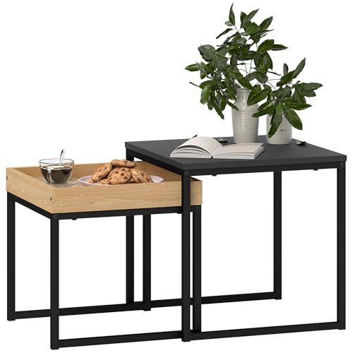 HOMCOM 2er-Set Couchtisch, Eckiger Beistelltisch, Kaffeetisch mit Stahlgestell, Sofatisch im modern Design, für Wohnzimmer, bis 30 kg Belastbar, Schwarz+Eiche von HOMCOM