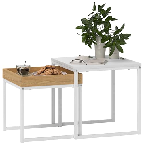 HOMCOM 2er-Set Couchtisch, Eckiger Beistelltisch, Kaffeetisch mit Stahlgestell, Sofatisch im modern Design, für Wohnzimmer, bis 30 kg Belastbar, Weiß+Eiche HOMCOM 2er-Set Couchtisch, Eckiger Beistelltisch, Kaffeetisch mit Stahlgestell, Sofatisch im modern Design, für Wohnzimmer, bis 30 kg Belastbar, Weiß+Eiche von HOMCOM