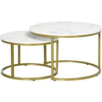 HOMCOM 2er-Set Couchtisch, Runder Beistelltisch, Kaffeetisch mit Stahlgestell in Gold, stapelbar Sofatisch mit Marmoroptik, für Wohnzimmer, bis 30 kg belastbar, Weiß   Aosom von HOMCOM