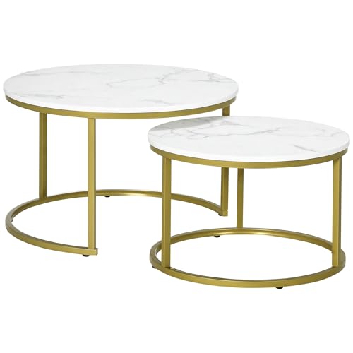 HOMCOM 2er-Set Couchtisch, Runder Beistelltisch, Kaffeetisch mit Stahlgestell in Gold, stapelbar Sofatisch mit Marmoroptik, für Wohnzimmer, bis 30 kg belastbar, Weiß HOMCOM 2er-Set Couchtisch, Runder Beistelltisch, Kaffeetisch mit Stahlgestell in Gold, stapelbar Sofatisch mit Marmoroptik, für Wohnzimmer, bis 30 kg belastbar, Weiß von HOMCOM