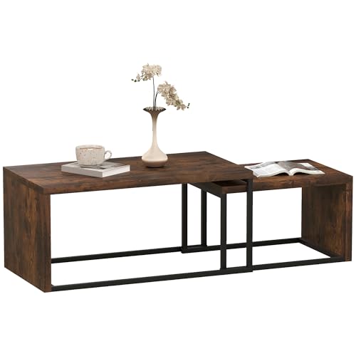 HOMCOM 2er-Set Couchtisch Satztisch Sofatisch Beistelltisch Kaffeetisch Verschiedene Formen multifunktional elegant schlicht Metallfuß MDF Schwarz+Braun 90x48x42 cm/ 59x42x36 cm von HOMCOM