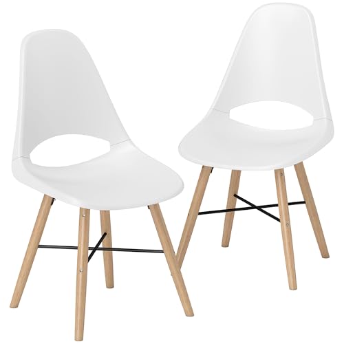 HOMCOM 2er Set Esszimmerstühle, Moderne Küchenstühle mit gebogener Rückenlehne und Gummibaumbeinen, Kunststoffstuhl für Küche, Schlafzimmer, Büro und Wohnzimmer, weiß von HOMCOM