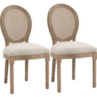 HOMCOM 2er Set Esszimmerstühle Vintage Küchenstuhl im Leinenoptik Polsterstuhl mit Rattan-Rückenlehne Massivholz Gummiholz Weiß 49 x 56 x 96 cm von HOMCOM