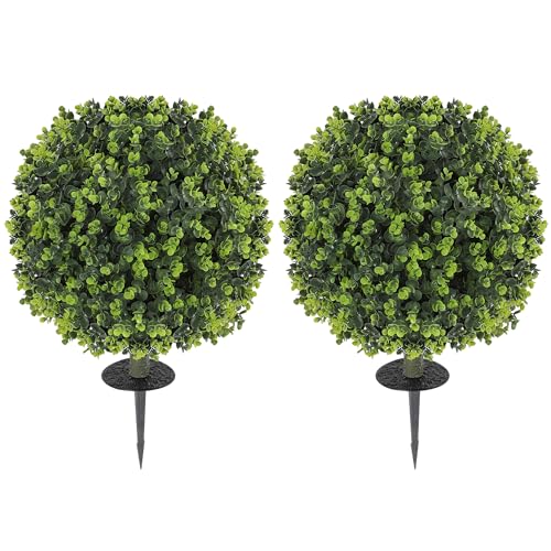 HOMCOM 2er-Set Künstlicher Buchsbaumkugeln 56 cm Kunstpflanze mit Erdspieß, künstliche Pflanzen Plastik wie echt Deko mit UV-Schutz für Wohnzimmer Schlafzimmer Büro Garten von HOMCOM