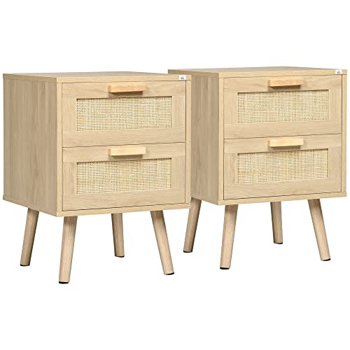 HOMCOM 2er Set Nachttisch, Nachtschrank mit Schublade, Nachtkommode mit Griff, Rattanoptik, Beistelltisch für Schlafzimmer, Wohnzimmer, Natur, 40 x 40 x 56 cm von HOMCOM