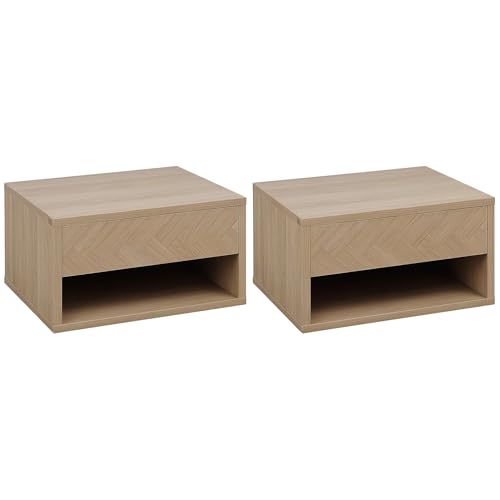 HOMCOM 2er-Set Nachttisch, Wandkommode mit Schublade, Nachtschrank mit Ablage, Hängeschrank, Wandschrank Nachtkonsole Beistelltisch für Schlafzimmer, Natur von HOMCOM