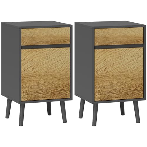 HOMCOM 2er-Set Nachttisch Nachttisch mit Schubladen und Schrank, moderner Stil für Schlafzimmer, Wohnzimmer, 40 x 39 x 69 cm, dunkelgrau von HOMCOM