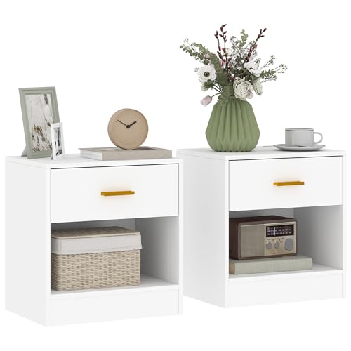 HOMCOM 2er-Set Nachttische, Nachttisch mit 2 Schubladen und offenen Regalen, Goldener Griff, moderner Stil, Sofaende für Schlafzimmer, Wohnzimmer, 39 x 28 x 41 cm, weiß HOMCOM 2er-Set Nachttische, Nachttisch mit 2 Schubladen und offenen Regalen, Goldener Griff, moderner Stil, Sofaende für Schlafzimmer, Wohnzimmer, 39 x 28 x 41 cm, weiß von HOMCOM